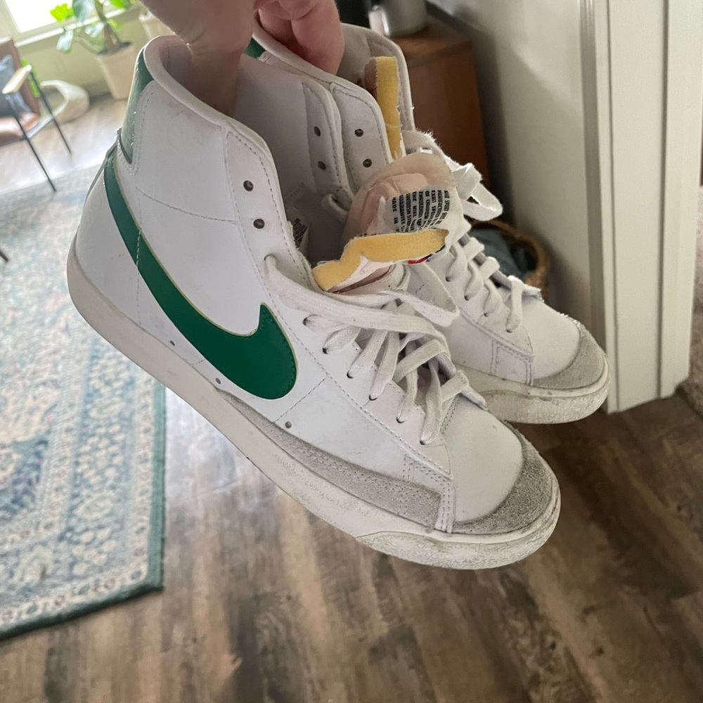 Nike Women's White High-Top Sneakers with Green Swoosh and Yellow Tongue